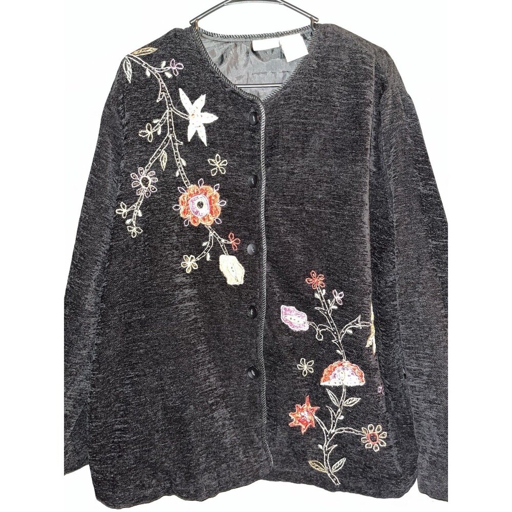 Vtg WHITE STAG Black Cardigan Sweater‎ Colorful Flowers SIZE XL